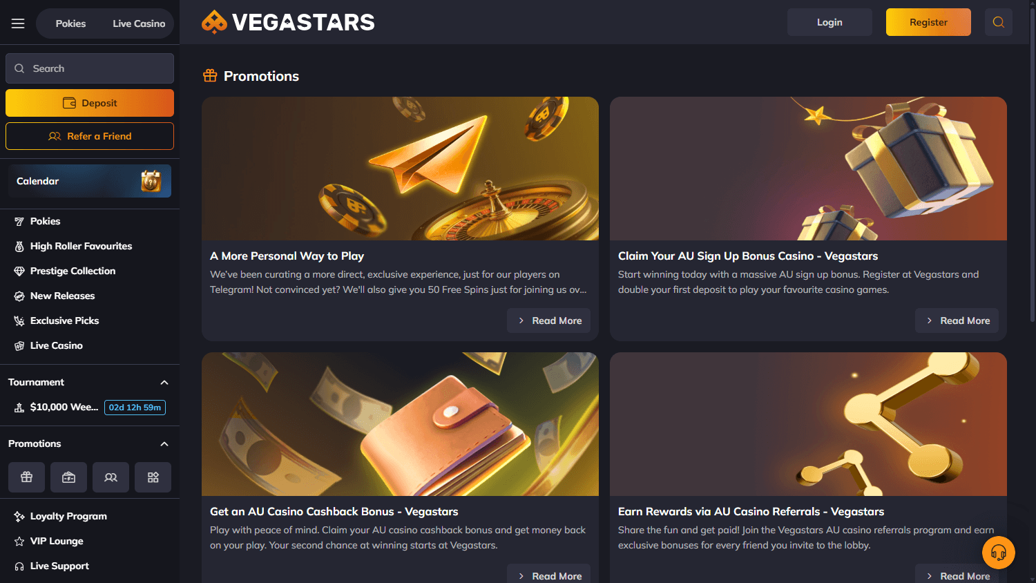 VegaStars Casino lobby with featured slot games